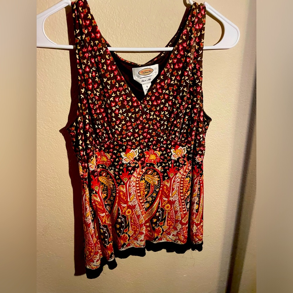 Talbots women’s pure silk paisley flower brown cream tank top /short top-size 6